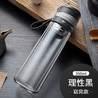 物生物（RELEA）玻璃杯 350ML水杯双层玻璃杯子创意便携茶水杯家用带盖随手杯 学士杯理性黑