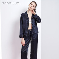 SANGLUO 桑罗 真丝睡衣女春秋新品桑蚕丝家居服 时尚衬衫领舒适真丝睡衣套装 03762817 藏青色 M