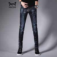 猫人（MiiOW）牛仔裤 男士时尚潮流系带纯色弹力牛仔长裤子A329-360深蓝色33