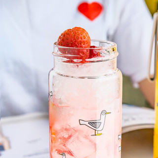 OPUS便携玻璃杯女韩版插画款清新可爱透明水杯茶杯家用果汁随手杯子  460ML 草莓红