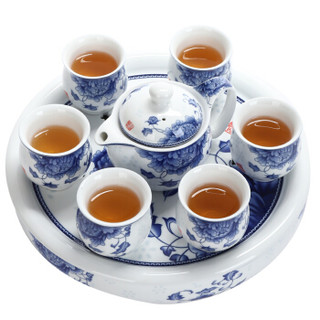 养茗轩  功夫茶具 陶瓷茶壶茶杯茶盘带过滤整套 青花瓷牡丹双层杯大盘蓄水茶具