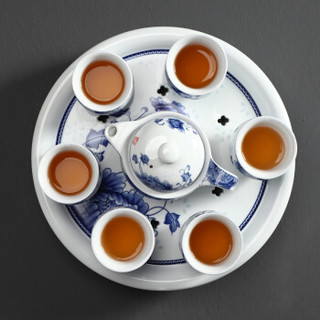 养茗轩  功夫茶具 陶瓷茶壶茶杯茶盘带过滤整套 青花瓷牡丹双层杯大盘蓄水茶具