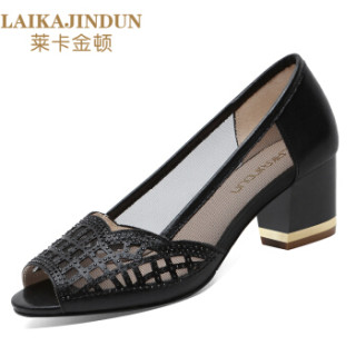 莱卡金顿 LAIKAJINDUN 鱼嘴方跟浅口套脚防水台女凉鞋 6628 黑色 38