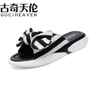 古奇天伦 GUCIHEAVEN 韩版时尚露趾平跟纯色一字凉拖鞋防水台女鞋 9483 黑色（凉拖） 34