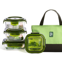 悠佳 J-1064-G 耐热玻璃绿色保鲜饭盒便当盒大套装四件套1000ML+750ML+650ML+500ML 共计2900ML 送精致包包