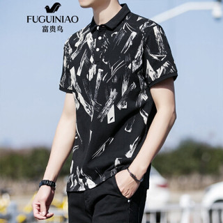 富贵鸟(FUGUINIAO)短袖polo衫男士夏季圆领半袖体恤衫韩版潮流短袖T恤打底衫 黑色 XL