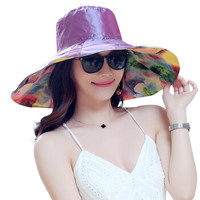 兰诗雨M0280夏遮阳帽子女大沿太阳帽双面佩戴可折叠防晒沙滩帽出游防紫外线凉帽 浅紫色