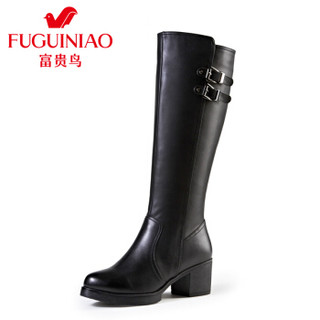 富贵鸟（FUGUINIAO）女靴加绒长筒英伦骑士粗跟时尚百搭G49S658CPC黑色 38