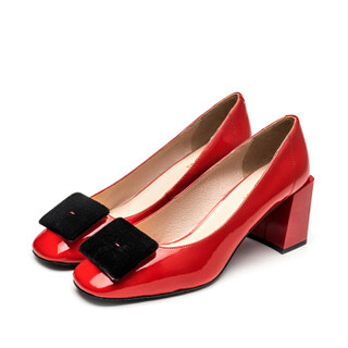 莱尔斯丹 le saunda 时尚优雅通勤圆头拼色搭扣高跟女单鞋 LS 9T71903 红色 36