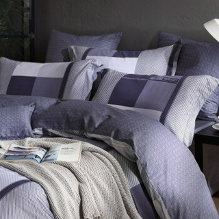 水星家纺 床上四件套纯棉 全棉印花床单被套床上用品套件简约条格 莫格1.2米床
