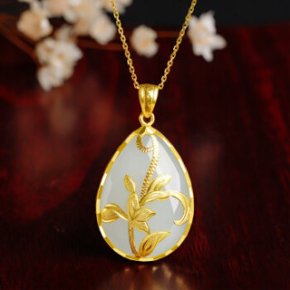 周六福珠宝女款兰花足金和田白玉金镶玉吊坠佳礼aaya040695金重14g不