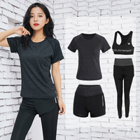 南极人 NanJiren 韩版瑜伽服套装瑜运动套装女晨跑步速干韩国大码高腰长裤 韩版黑色短袖四件套 XXL