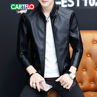 卡帝乐鳄鱼（CARTELO）皮衣男修身立领皮夹克潮流外套2019年秋冬新款韩版纯色透气仿皮皮衣潮 黑色 L