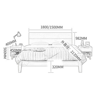 摩高空间 北欧实木床现代简约卧室家用1.5米单人框架床-胡桃色TB08