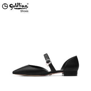 金利来（goldlion）女士尖头低平跟韩版时尚侧空凉鞋8187021012-黑色-39码