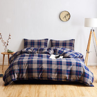当当优品 全棉日式法兰绒四件套 蓝色格纹 1.5米床 