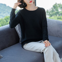 Markentsee 2019秋季新品针织衫女装纯色镂空圆领套头毛衣宽松长袖大码打底衫上衣 CCHGM6-3766 黑色 L