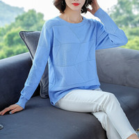 Markentsee 2019秋季新品针织衫女装纯色镂空圆领套头毛衣宽松长袖大码打底衫上衣 CCHGM6-3766 蓝色 XL