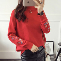 亚瑟魔衣针织衫女套头毛衣2017新款韩版刺绣宽松短款打底衫半高领学生上衣SH-2957 红色 均码