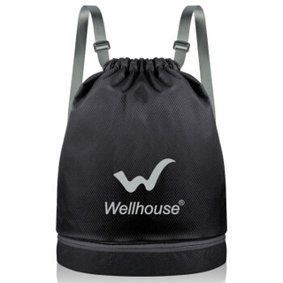 WELLHOUSE 抽绳双肩背包干湿分离皮肤包男女旅行包20L 黑色