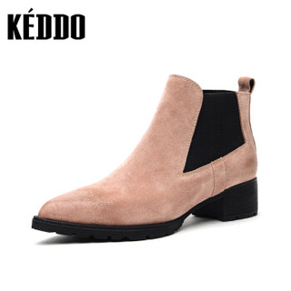 KEDDO 纯色绒面方根时尚短筒潮流弹力切尔西靴子 CN087KD186/01KD粉色 35