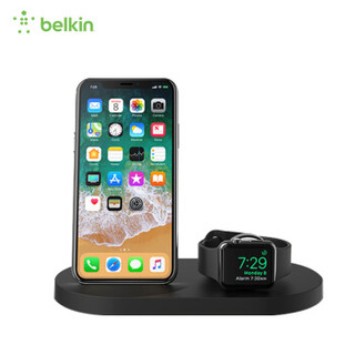 贝尔金(BELKIN)7.5W手机无线充电器+Apple Watch无线磁力充电+USB-A端口三合一QI认证苹果MFI快充底座黑色