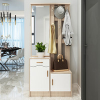 衣帽柜鞋柜挂衣架组合一体 带镜子 【木色+白】80cm长-镜子在左