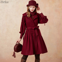 Artka 阿卡 WA10376Q 女士抽绳工字褶复古优雅毛呢 枣红 S