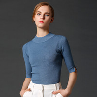 瑞比卡(Marc Rebecca)纯色中袖打底衫女中高领百搭修身针织衫毛衣 75013D 浅蓝色 L