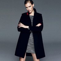 瑞比卡(Marc Rebecca)撞色拼接羊毛呢大衣外套中长款修身外套女 45506B 黑色 XL