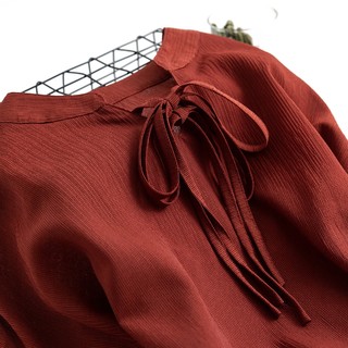 【时尚潮流系带领】新款女士宽松个性五分袖衬衫 XL 暗红