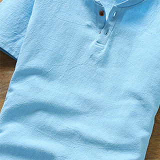 北极绒（Bejirong）亚麻T恤 2019夏季新款体恤半袖中国风透气棉麻t恤短袖男 T202 天蓝色 2XL