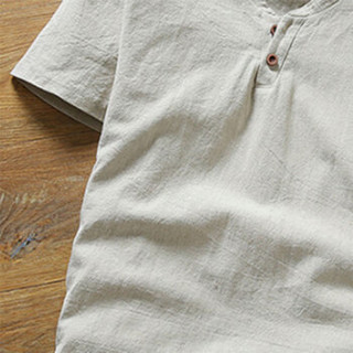 北极绒（Bejirong）亚麻T恤 2019夏季新款体恤半袖中国风透气棉麻t恤短袖男 T202 杏色 XL