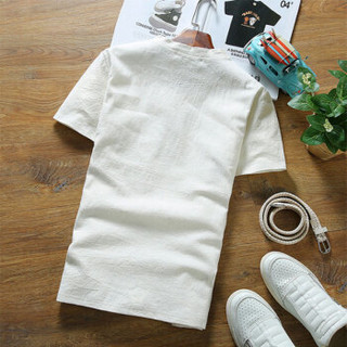 北极绒（Bejirong）亚麻T恤 2019夏季新款体恤半袖中国风透气棉麻t恤短袖男 T202 白色 M