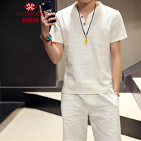 俞兆林（YUZHAOLIN）T恤套装 男士时尚潮流棉麻纯色V领短袖套装A082-A24白色XL