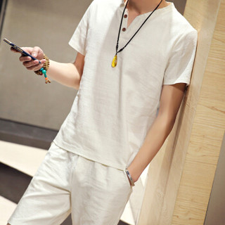 俞兆林（YUZHAOLIN）T恤套装 男士时尚潮流棉麻纯色V领短袖套装A082-A24白色XL