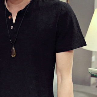 俞兆林（YUZHAOLIN）T恤套装 男士时尚潮流棉麻纯色V领短袖套装A082-A24黑色L