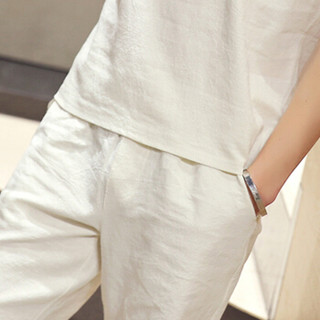 俞兆林（YUZHAOLIN）T恤套装 男士时尚潮流棉麻纯色V领短袖套装A082-A24白色L