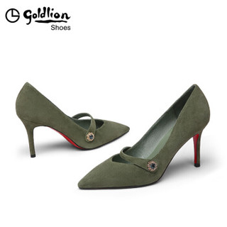 金利来（goldlion）女士时尚反绒皮浅口单细高跟鞋69483053970P-绿色-34码