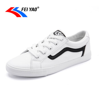 飞耀（FEIYAO）韩版休闲女学生系带超纤平底小白鞋L-992 白黑 39