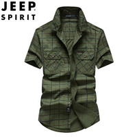 吉普（JEEP）短袖衬衫 男士格子衬衫夏季休闲宽松加大码工装衬衣 RSC245 军色 3XL