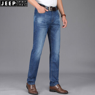 吉普（JEEP）牛仔裤男 春夏薄款男装商务休闲修身微弹力裤子男  J8006 蓝色 34
