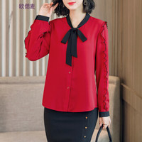 欧偲麦 衬衫女雪纺衬衫女长袖秋装2018新款上衣淑女蝴蝶结职业装打底衫 ZY-2520 红色 M