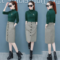 AUDDE 2018冬秋季新款女装新品女韩版时尚两件套高领打底衫配中长款格纹包臀裙套装 HZ3304-1150 绿色 L