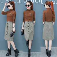 AUDDE 2018冬秋季新款女装新品女韩版时尚两件套高领打底衫配中长款格纹包臀裙套装 HZ3304-1150 焦糖色 M