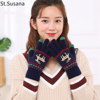 圣苏萨娜毛线手套女冬季韩版可爱学生卡通保暖户外骑行开车触屏女士手套蓝色 均码