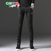 卡帝乐鳄鱼（CARTELO）牛仔裤  男士时尚潮流休闲刺绣弹力牛仔长裤A329-351黑色28