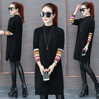 麦肯麒 打底长袖加绒套头毛衣时尚百搭新品女装中长款韩版2019春季针织衫女宽松 kkz110504 黑色 M