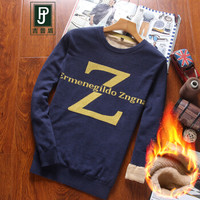 吉普盾 加绒毛衣男士百搭圆领印花毛衣 蓝色 2XL