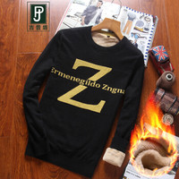 吉普盾 加绒毛衣男士百搭圆领印花毛衣 黑色 M